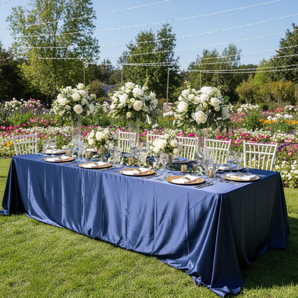 90"x156" Rectangular Satin Tablecloth - Navy Blue - Image 2