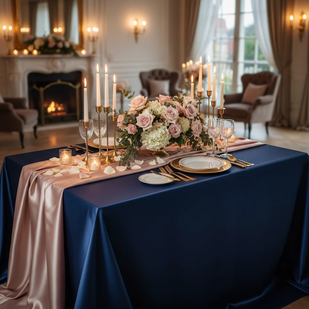 90"x156" Rectangular Satin Tablecloth - Navy Blue - Image 3