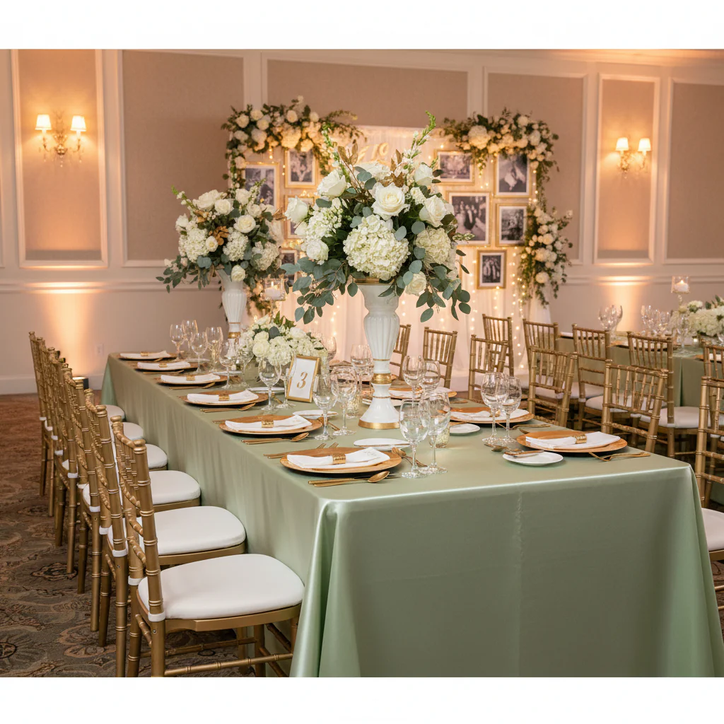 90"x156" Rectangular Satin Tablecloth - Sage Green - Image 3