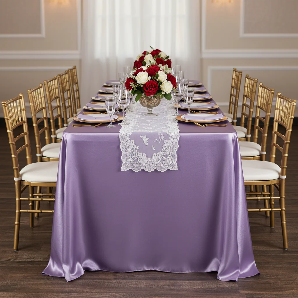 90"x156" Rectangular Satin Tablecloth - Victorian Lilac/Wisteria - Image 5