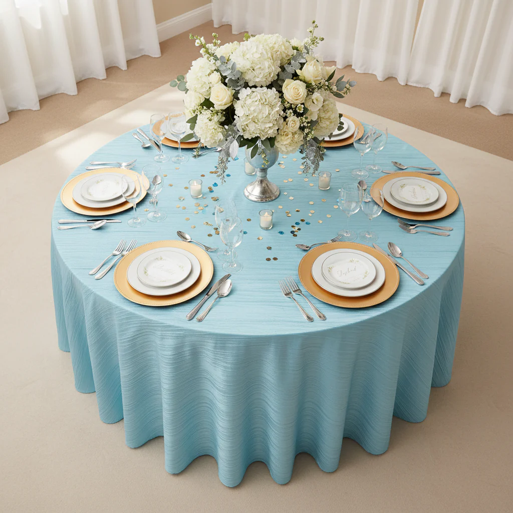 Accordion Crinkle Taffeta 120" Round Tablecloth - Baby Blue - Image 4