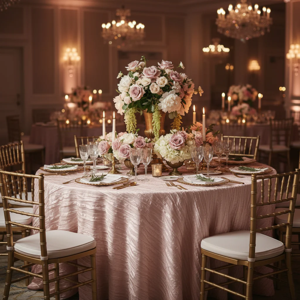 Accordion Crinkle Taffeta 120" Round Tablecloth - Blush/Rose Gold - Image 3