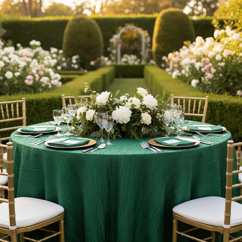 Accordion Crinkle Taffeta 120" Round Tablecloth - Emerald Green - Image 2