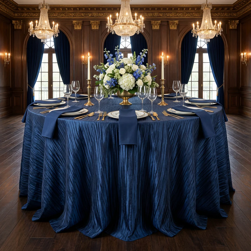 Accordion Crinkle Taffeta 120" Round Tablecloth - Navy Blue - Image 2