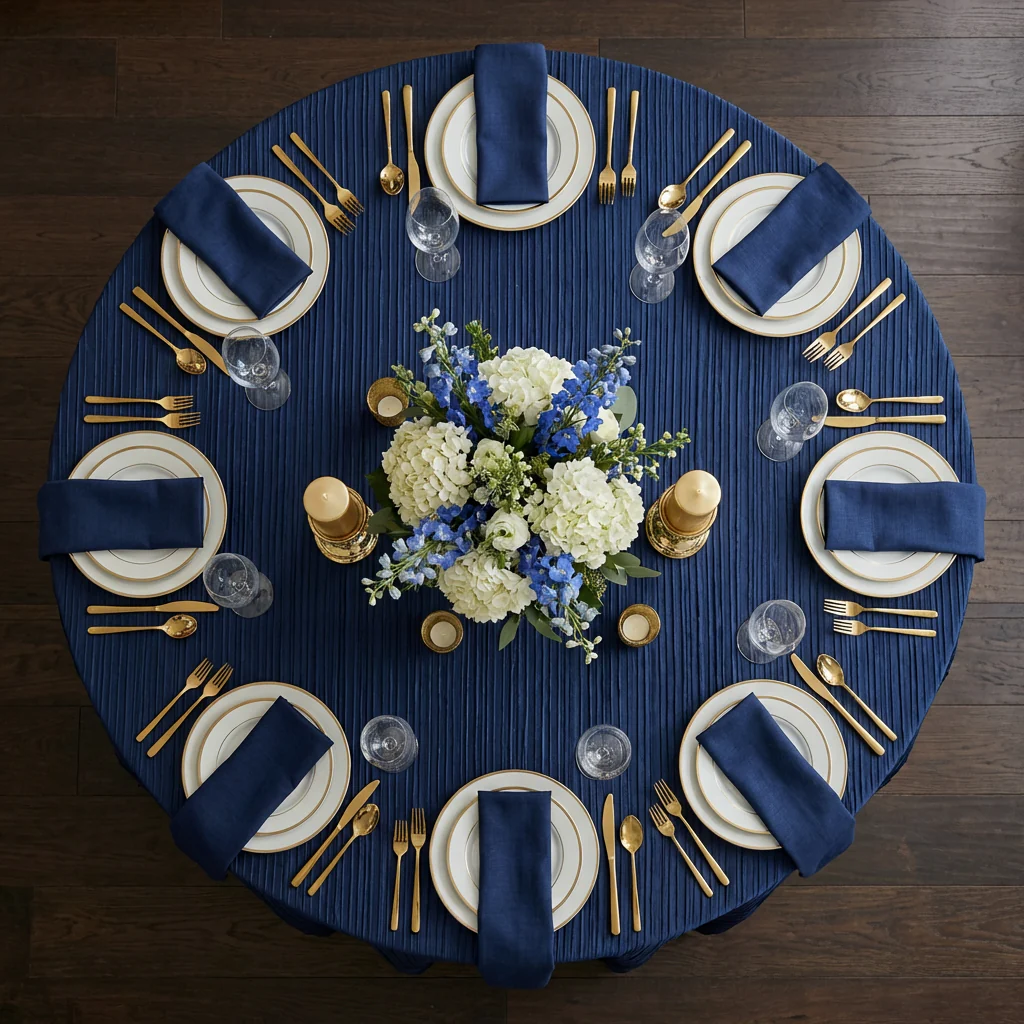 Accordion Crinkle Taffeta 120" Round Tablecloth - Navy Blue - Image 3