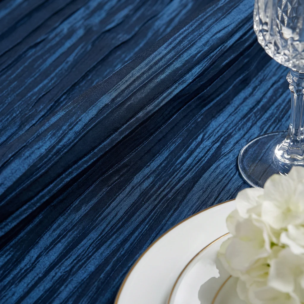 Accordion Crinkle Taffeta 120" Round Tablecloth - Navy Blue - Image 4