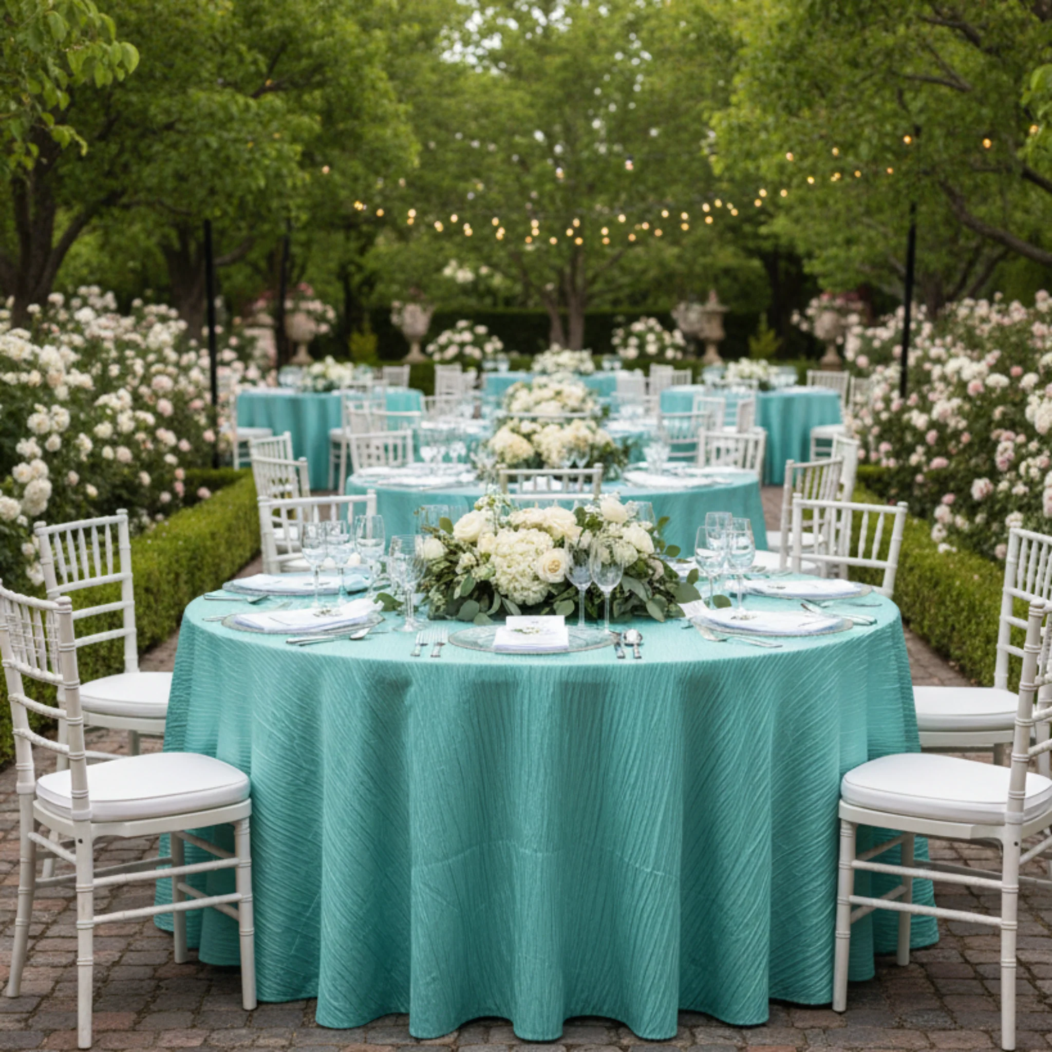 Accordion Crinkle Taffeta 120" Round Tablecloth - Turquoise - Image 2