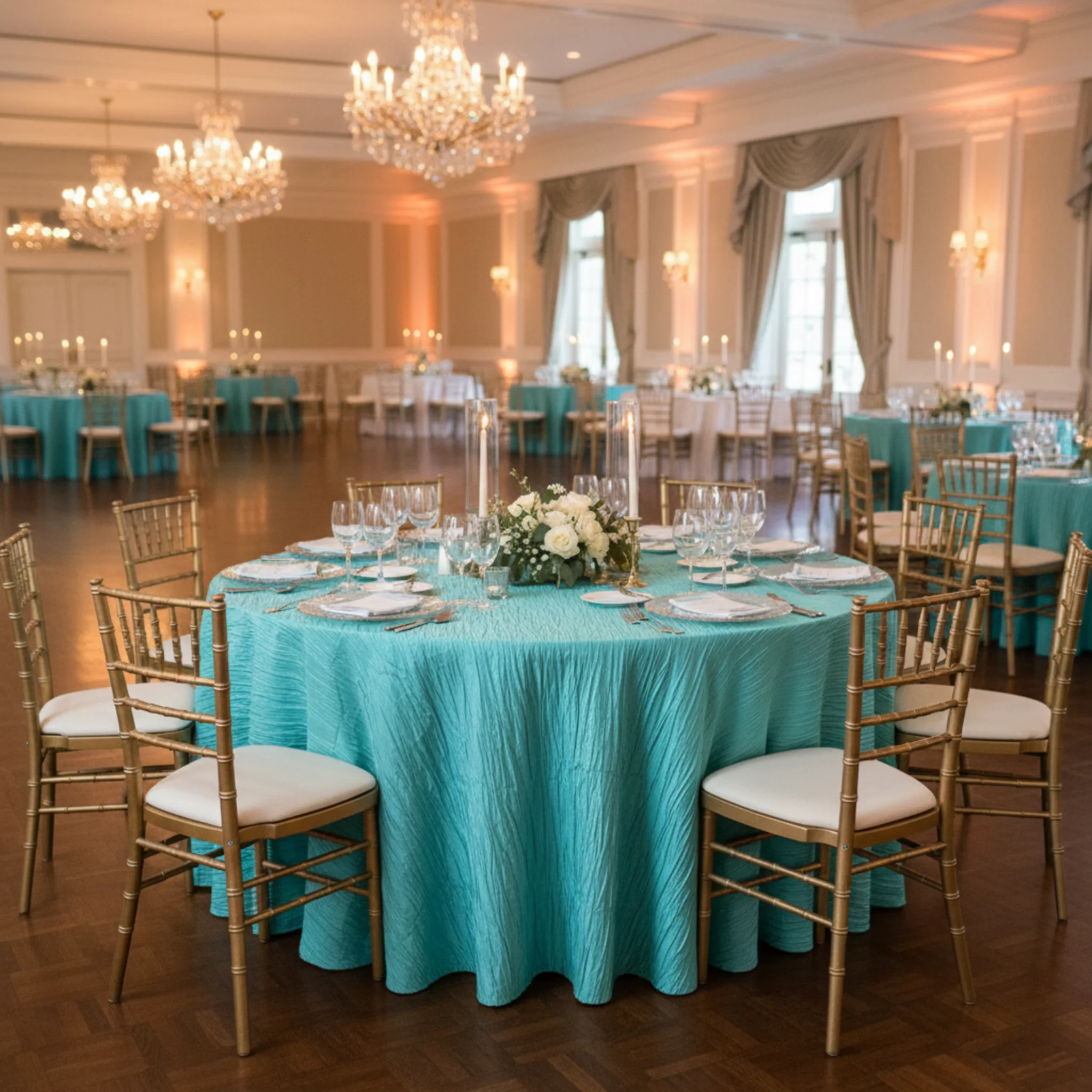Accordion Crinkle Taffeta 120" Round Tablecloth - Turquoise - Image 3