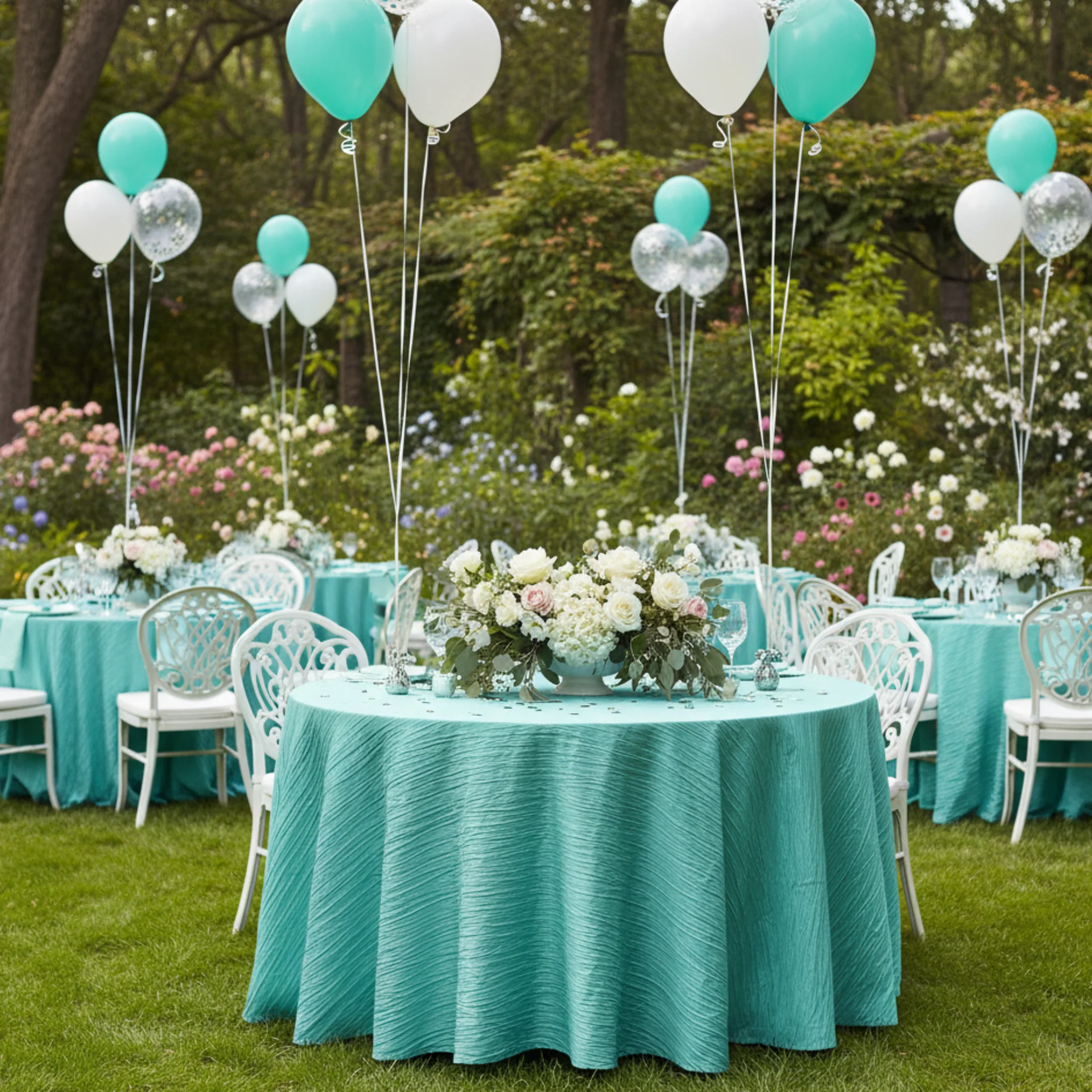 Accordion Crinkle Taffeta 120" Round Tablecloth - Turquoise - Image 4