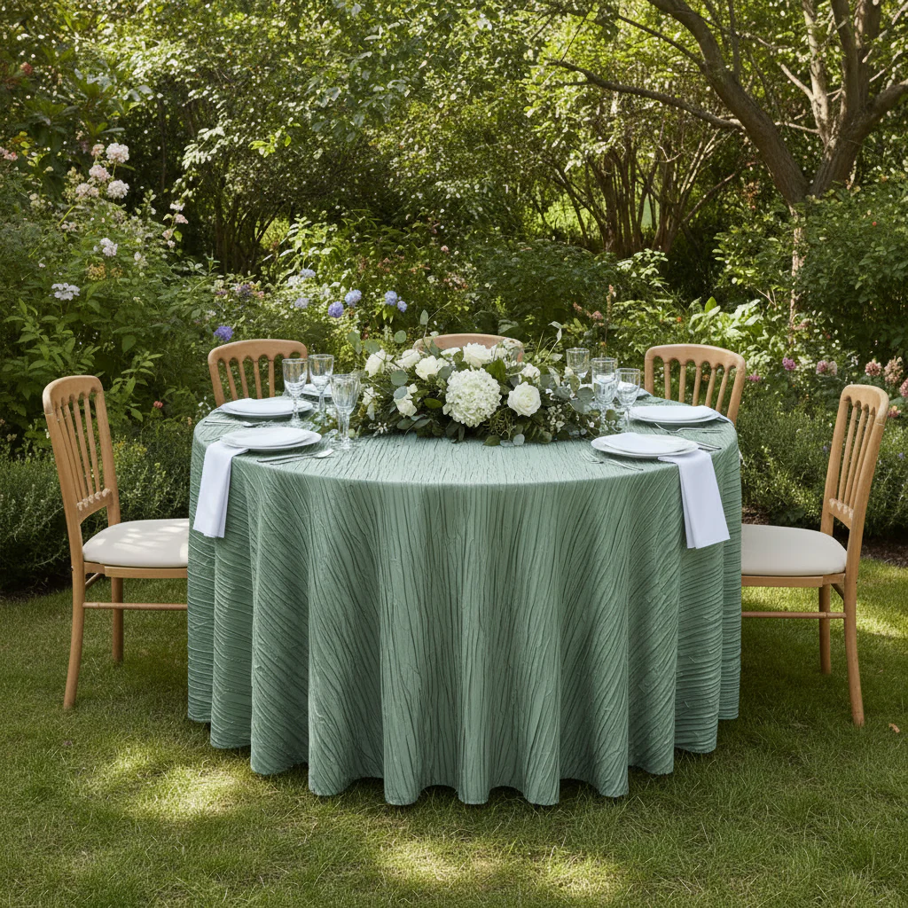Accordion Crinkle Taffeta 120" Round Tablecloth - Willow Green - Image 3
