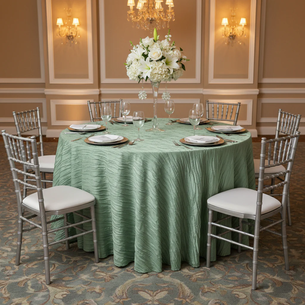 Accordion Crinkle Taffeta 120" Round Tablecloth - Willow Green - Image 4