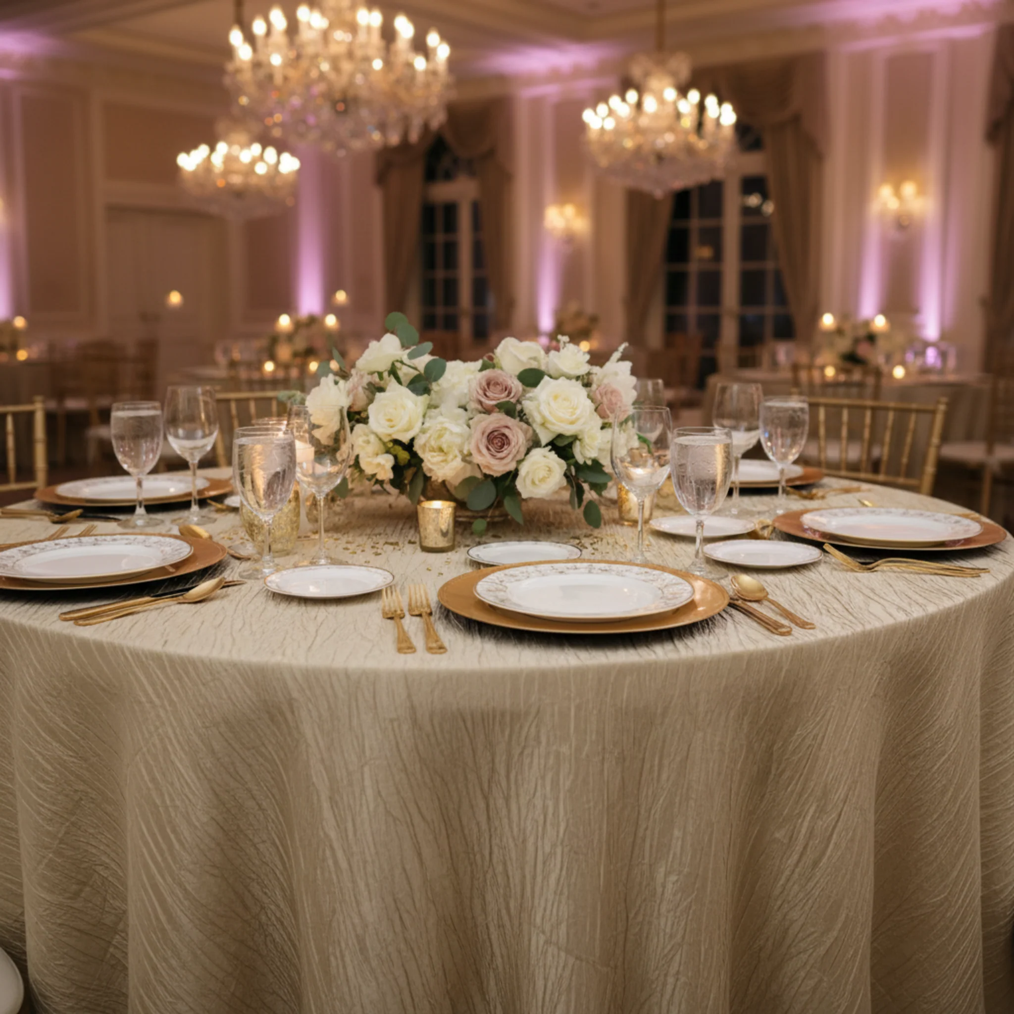 Accordion Crinkle Taffeta 132" Round Tablecloth - Champagne - Image 4