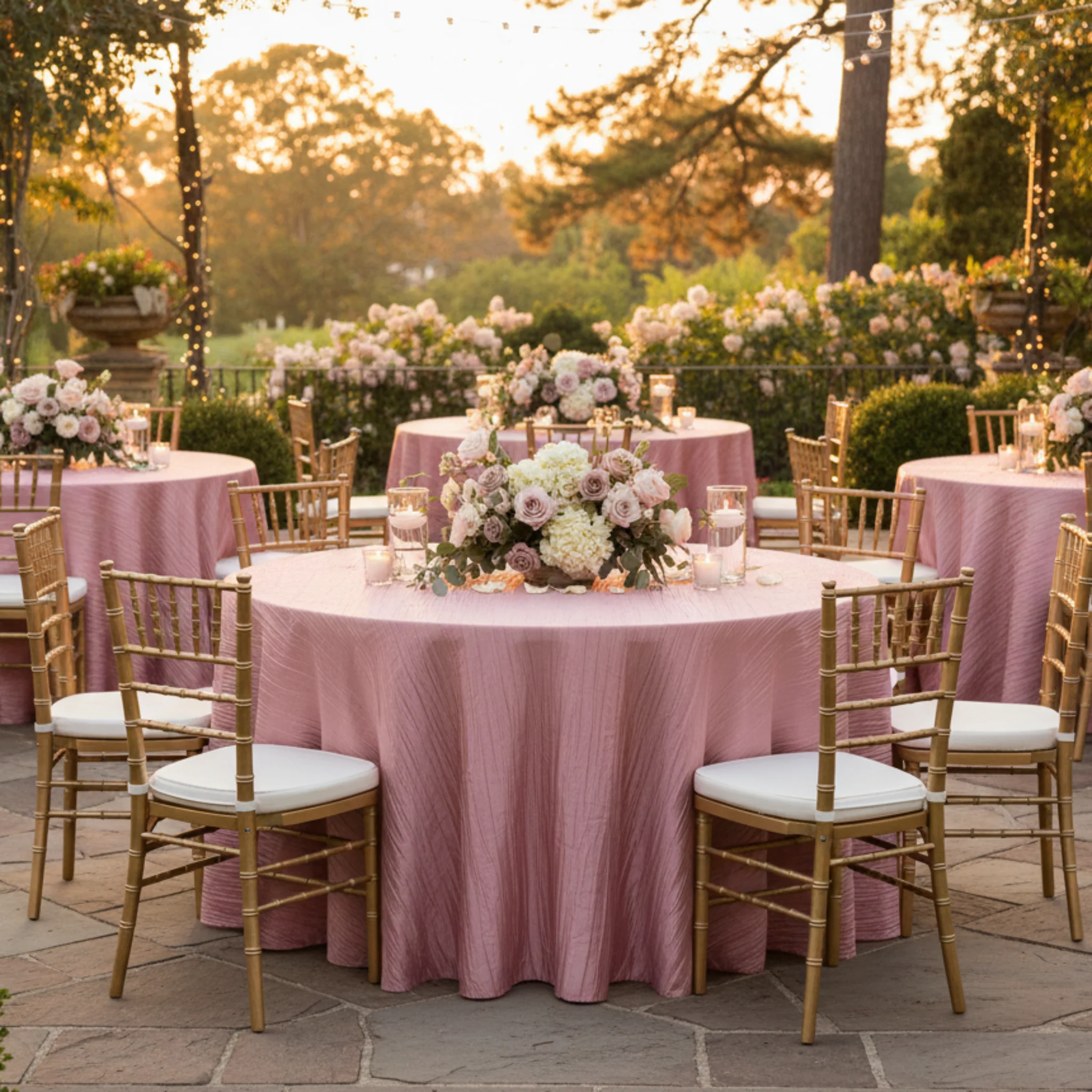 Accordion Crinkle Taffeta 132" Round Tablecloth - Dusty Rose/Mauve - Image 2
