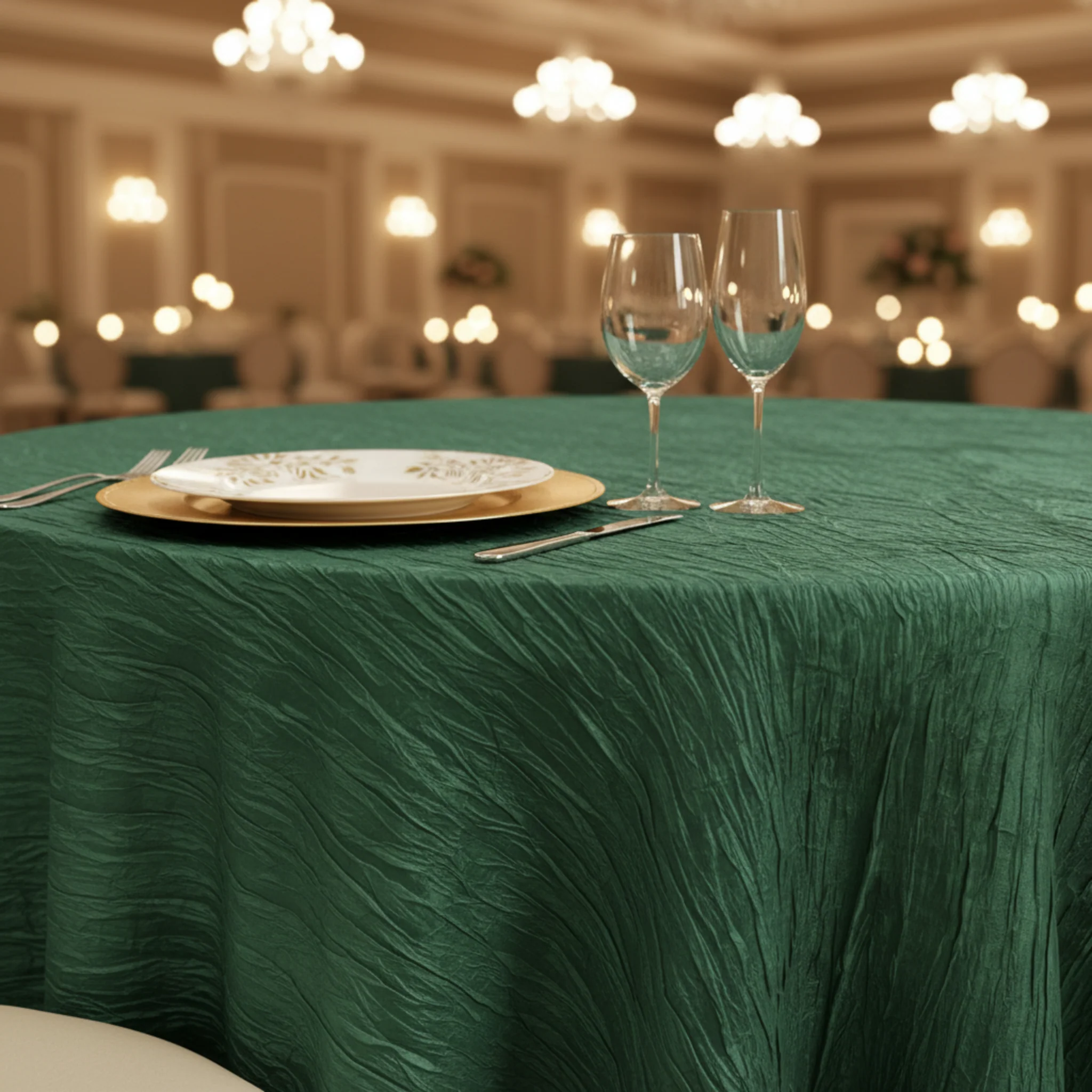 Accordion Crinkle Taffeta 132" Round Tablecloth - Emerald Green - Image 2
