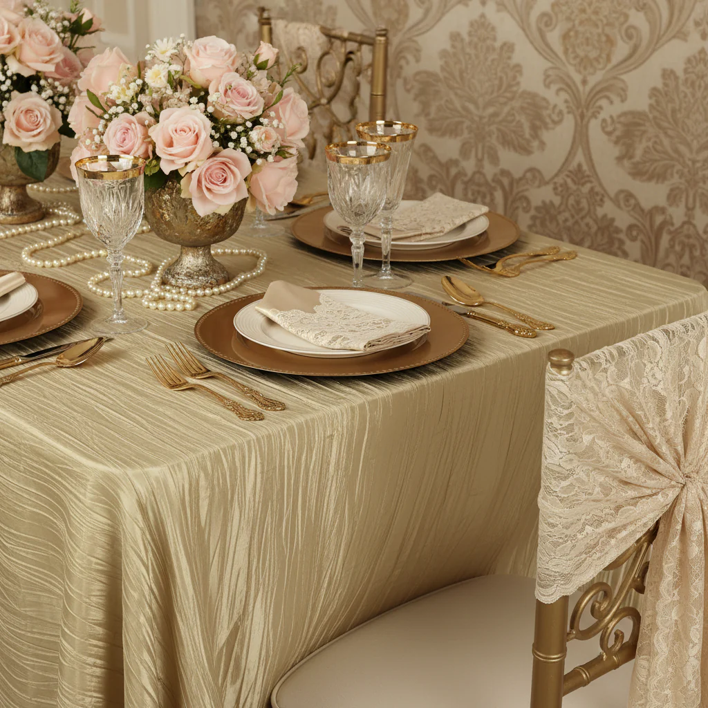 Accordion Crinkle Taffeta 90"x132" Rectangular Tablecloth - Champagne - Image 3