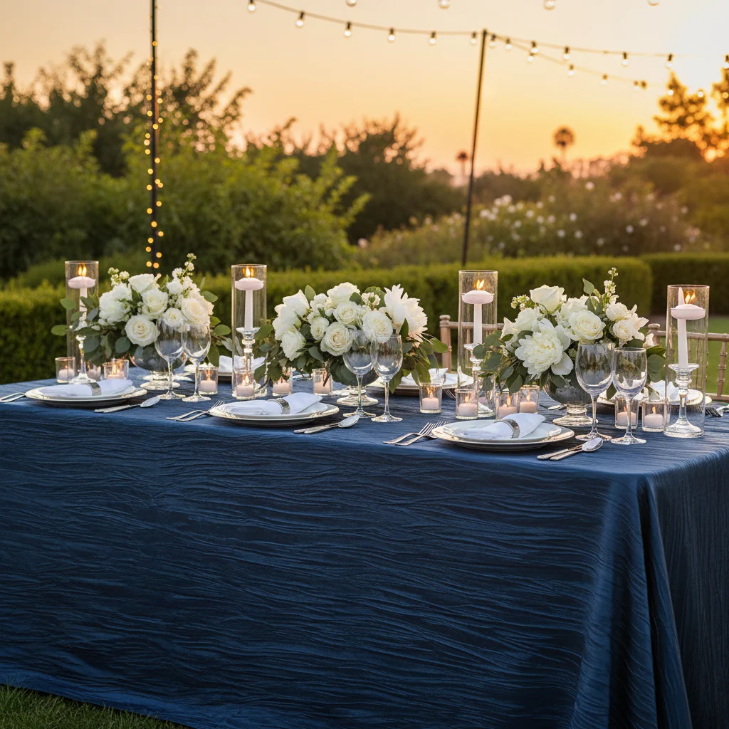 Accordion Crinkle Taffeta 90"x132" Rectangular Tablecloth - Navy Blue - Image 2