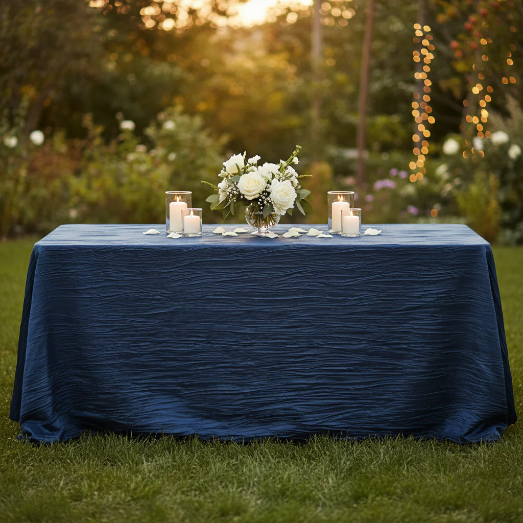 Accordion Crinkle Taffeta 90"x132" Rectangular Tablecloth - Navy Blue - Image 3