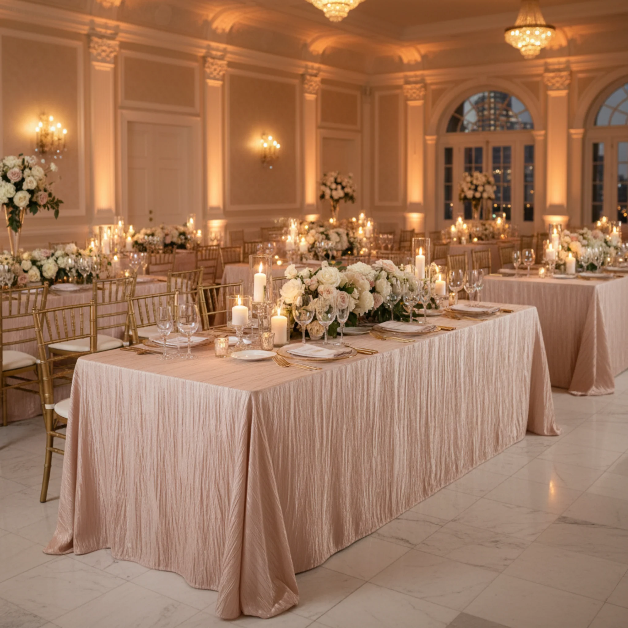 Accordion Crinkle Taffeta 90"x156" Rectangular Tablecloth - Blush/Rose Gold - Image 4