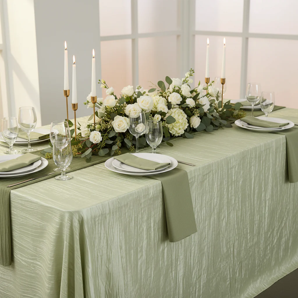 Accordion Crinkle Taffeta 90"x156" Rectangular Tablecloth - Sage Green - Image 2