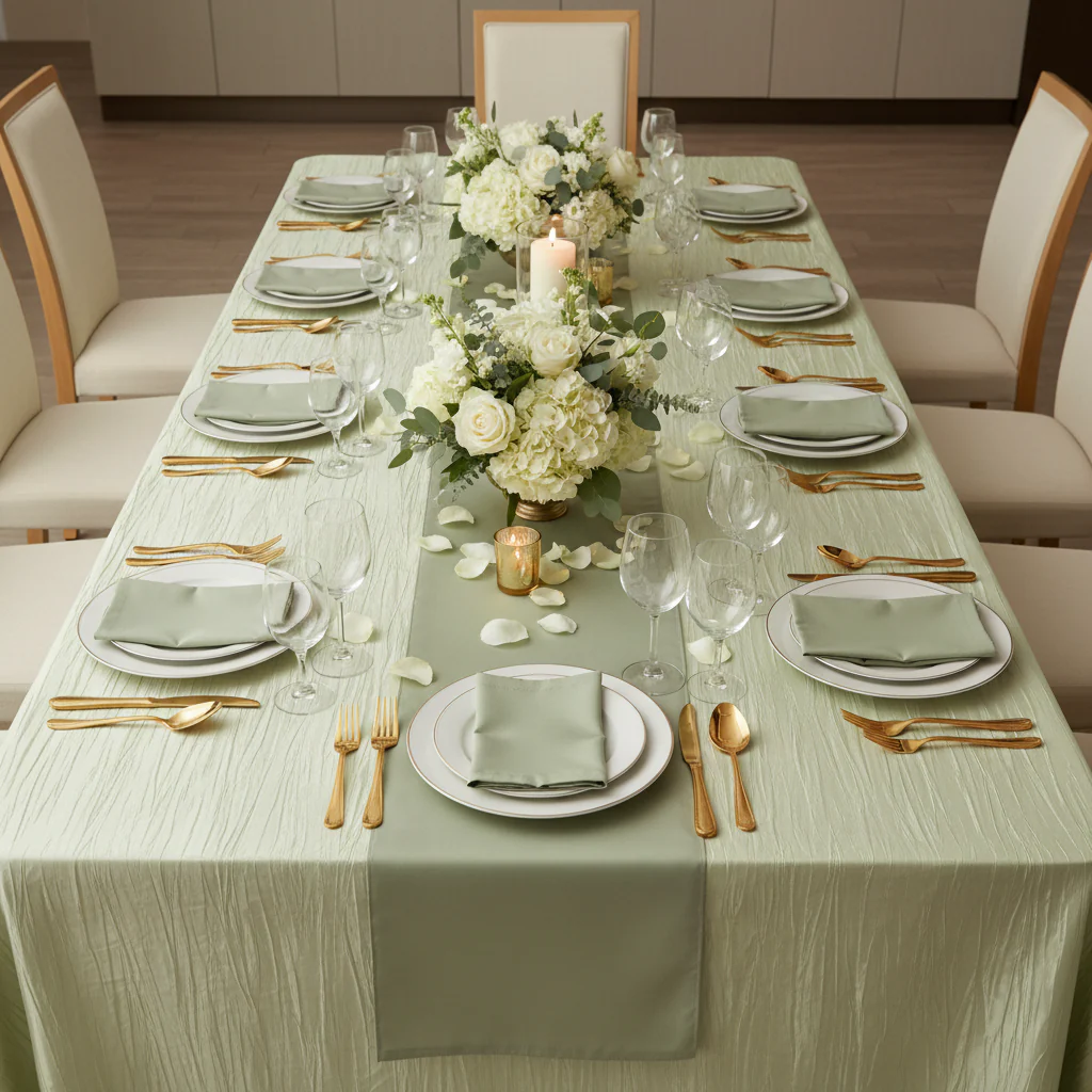 Accordion Crinkle Taffeta 90"x156" Rectangular Tablecloth - Sage Green - Image 3