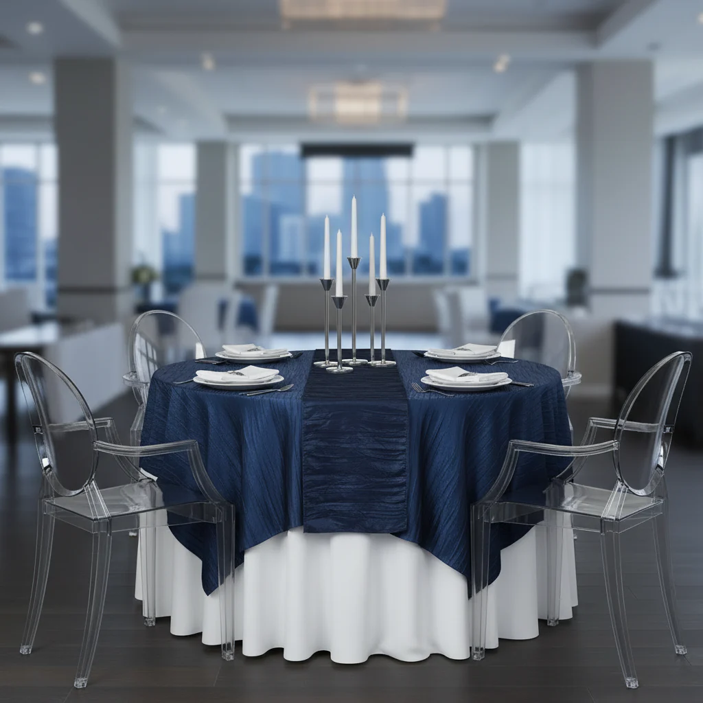 Accordion Crinkle Taffeta Table Overlay Topper 85"x85" Square  - Navy Blue - Image 3