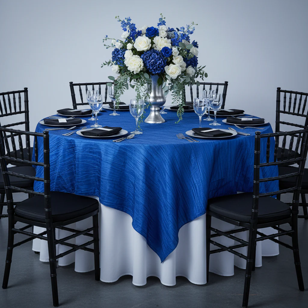 Accordion Crinkle Taffeta Table Overlay Topper 85"x85" Square  - Royal Blue - Image 4