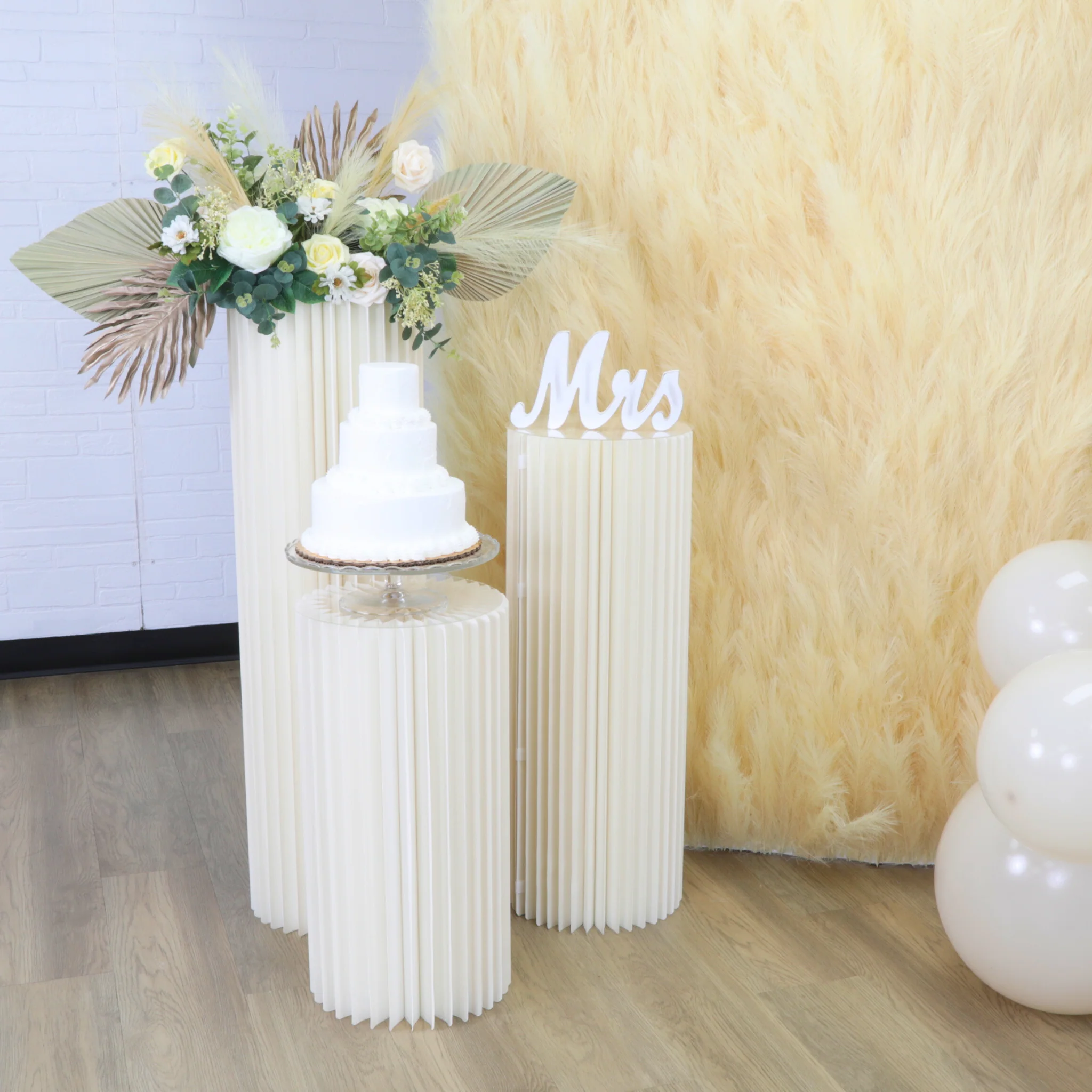 Accordion Foldable Paper Pedestal Display Stand with Top Plate 4 pcs/set - Ivory - Image 3