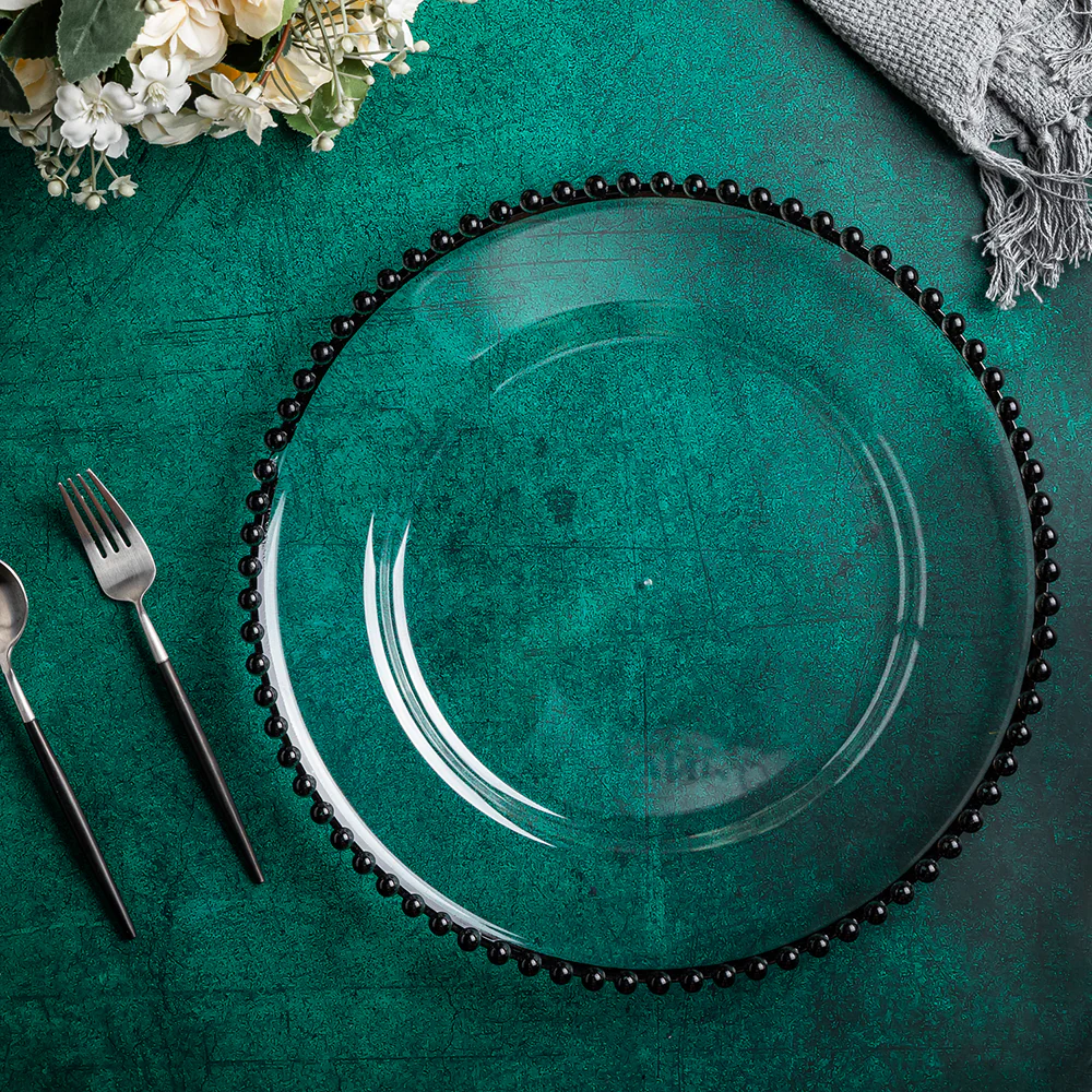 Acrylic Beaded 13" Round Charger Plate - Black Trim - Image 2