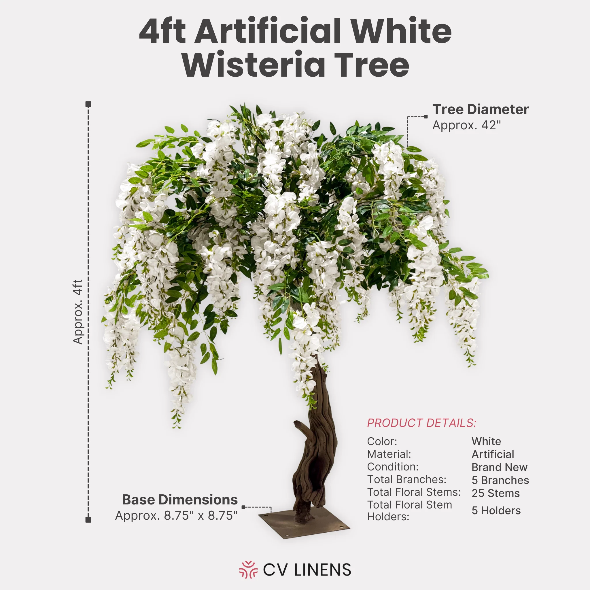 4ft Artificial Wisteria Tree - White - Image 3