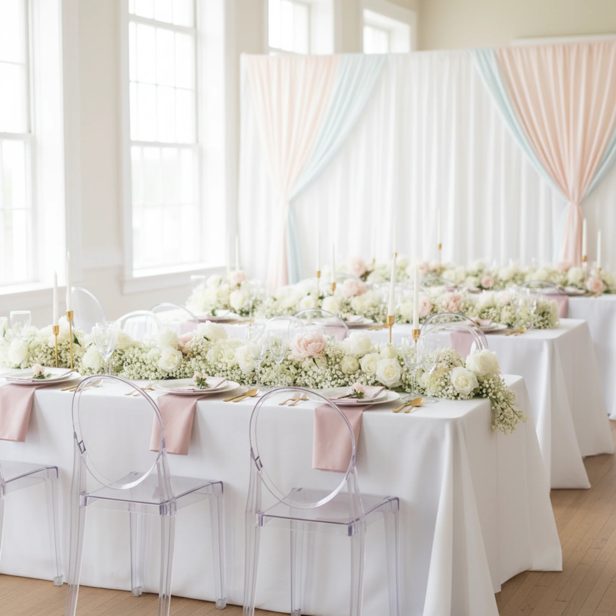 2 pcs/pk Premade Rose and Baby's Breath Flower Backdrop Arch/Table Runner Decor - White - Image 8