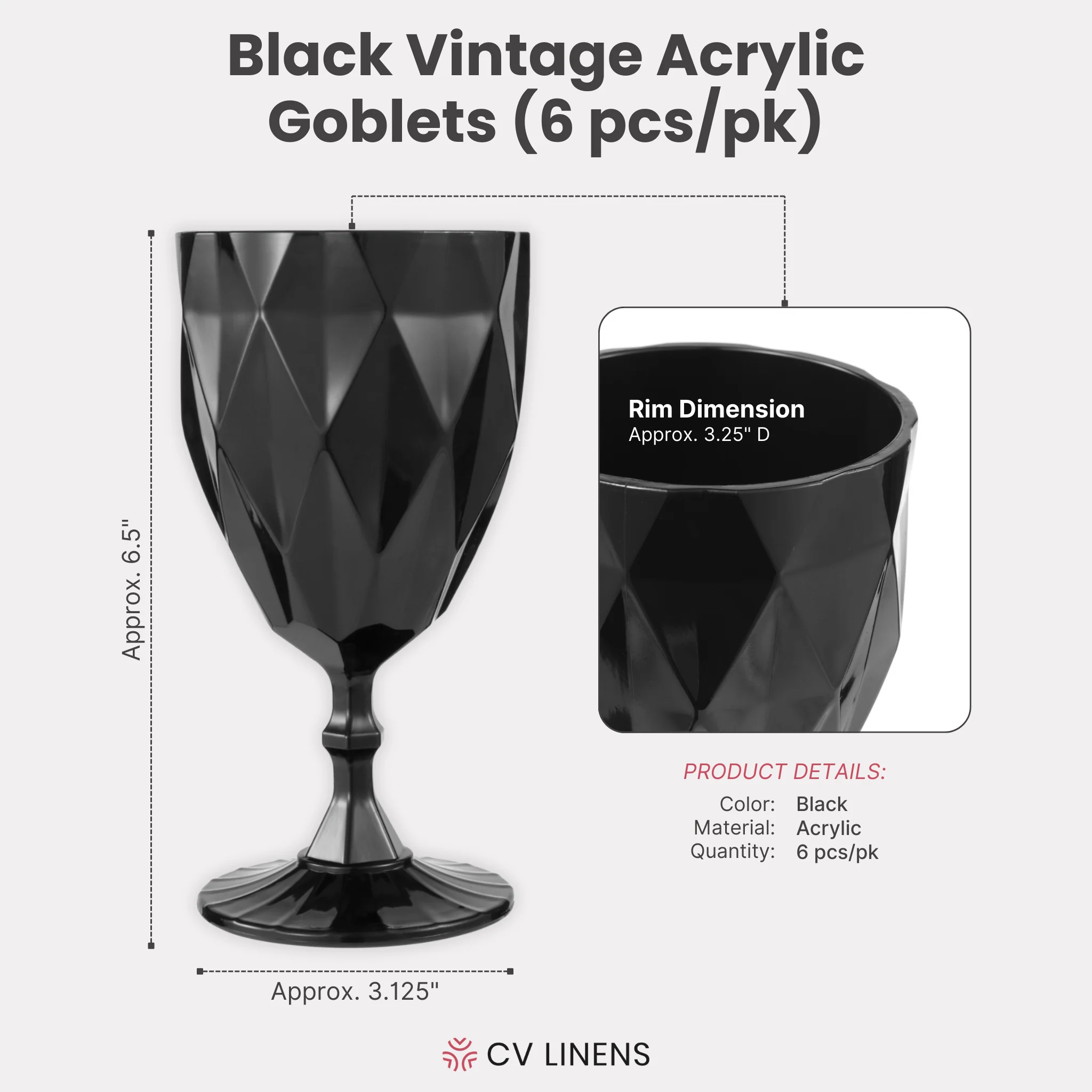Black Vintage Acrylic Goblets (6 pcs/pk) - Image 4