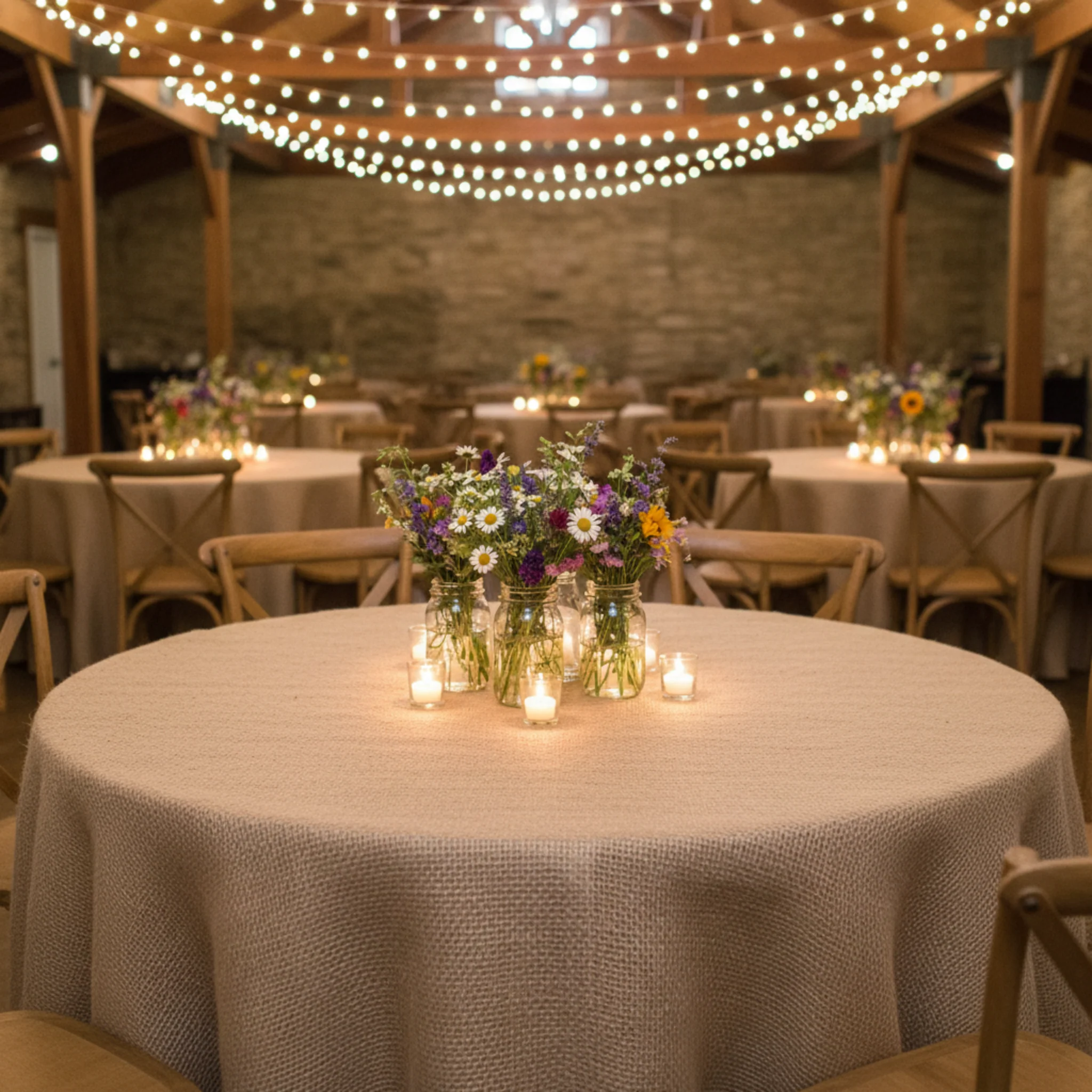 Burlap 120" Round Tablecloth - Natural Tan - Image 4