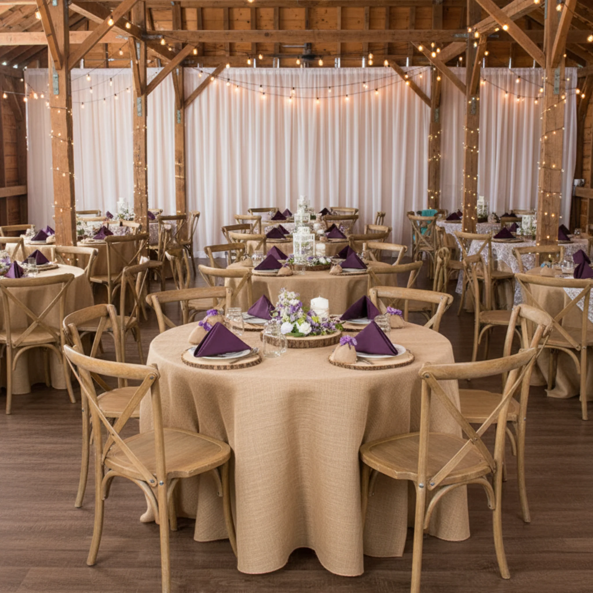 Burlap 120" Round Tablecloth - Natural Tan - Image 5