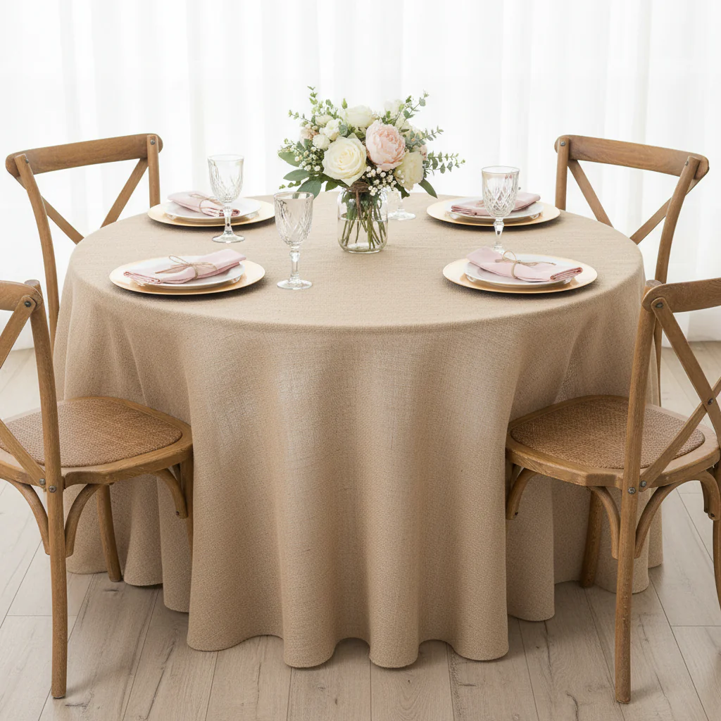 Burlap 132" Round Tablecloth - Natural Tan - Image 3
