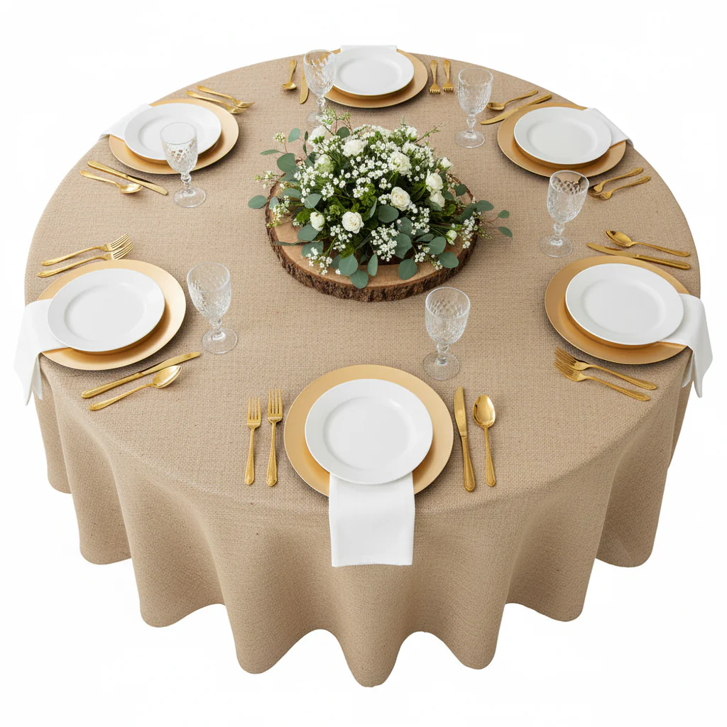 Burlap 132" Round Tablecloth - Natural Tan - Image 5