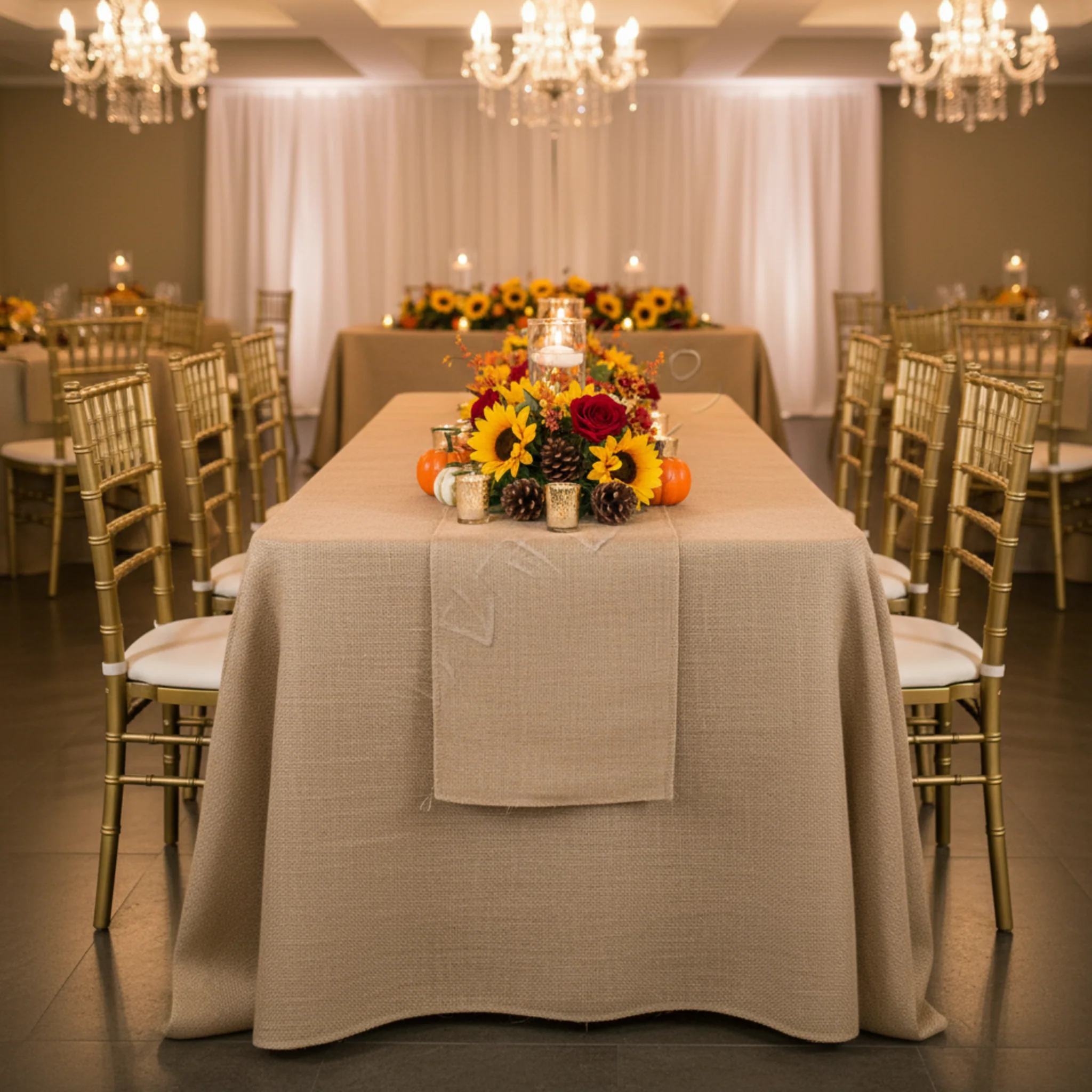 Burlap 90"x132" Rectangular Tablecloth - Natural Tan - Image 4