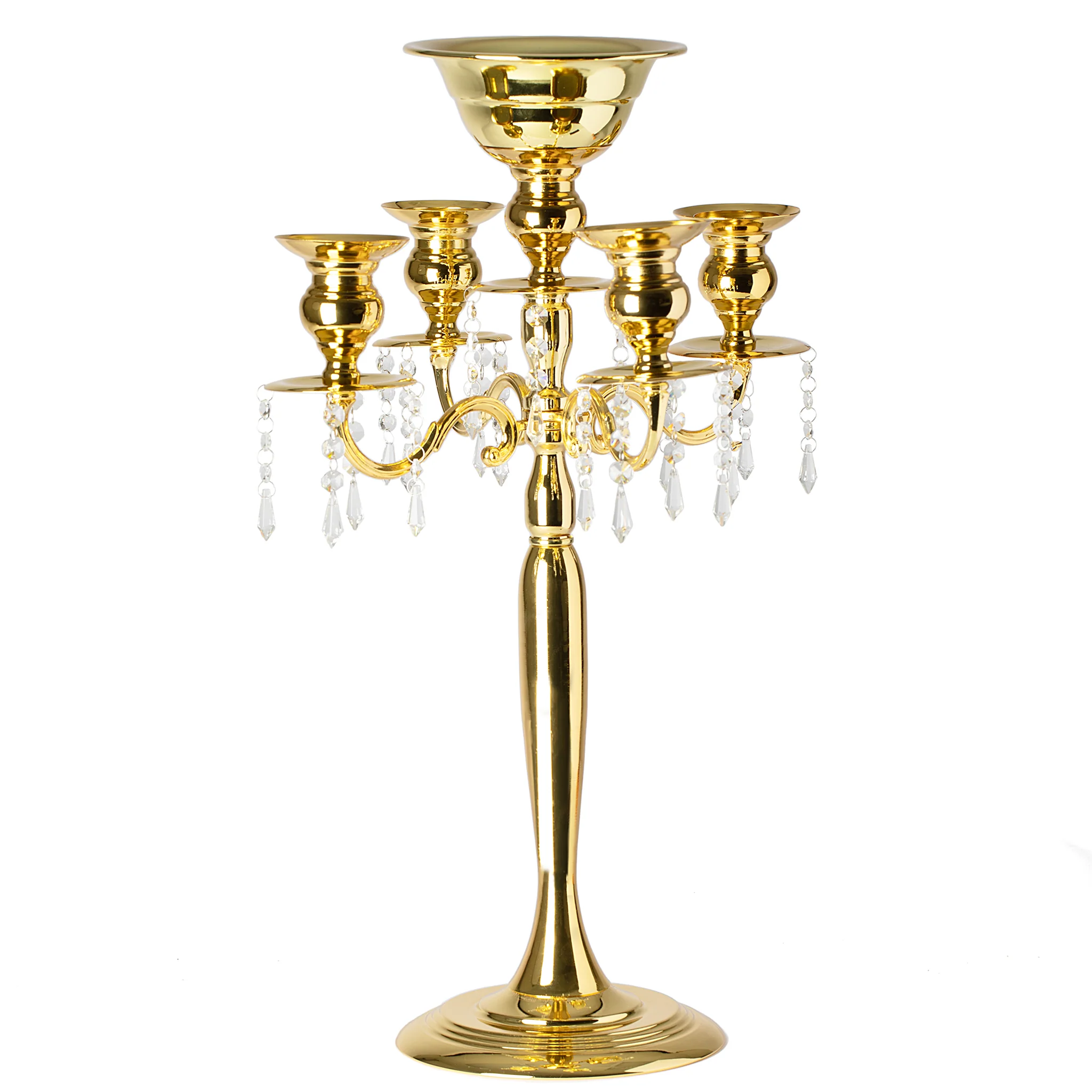 Candelabra Centerpiece with Hanging Crystals - Gold