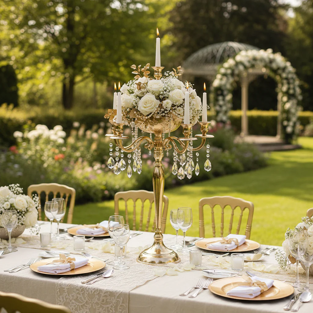 Candelabra Centerpiece with Hanging Crystals - Gold - Image 2