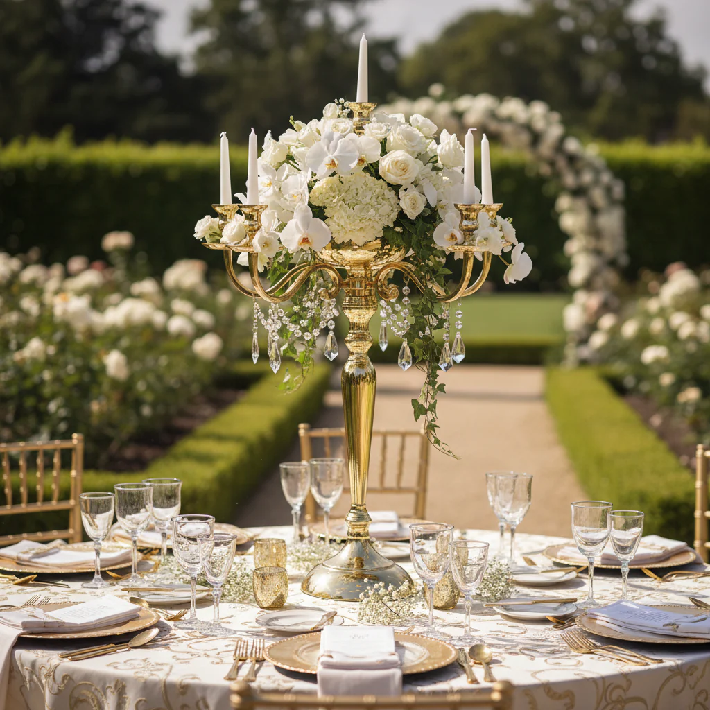 Candelabra Centerpiece with Hanging Crystals - Gold - Image 3