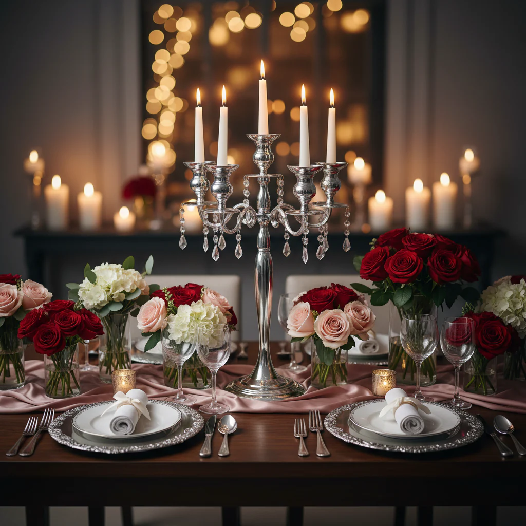 Candelabra Centerpiece with Hanging Crystals - Silver - Image 3
