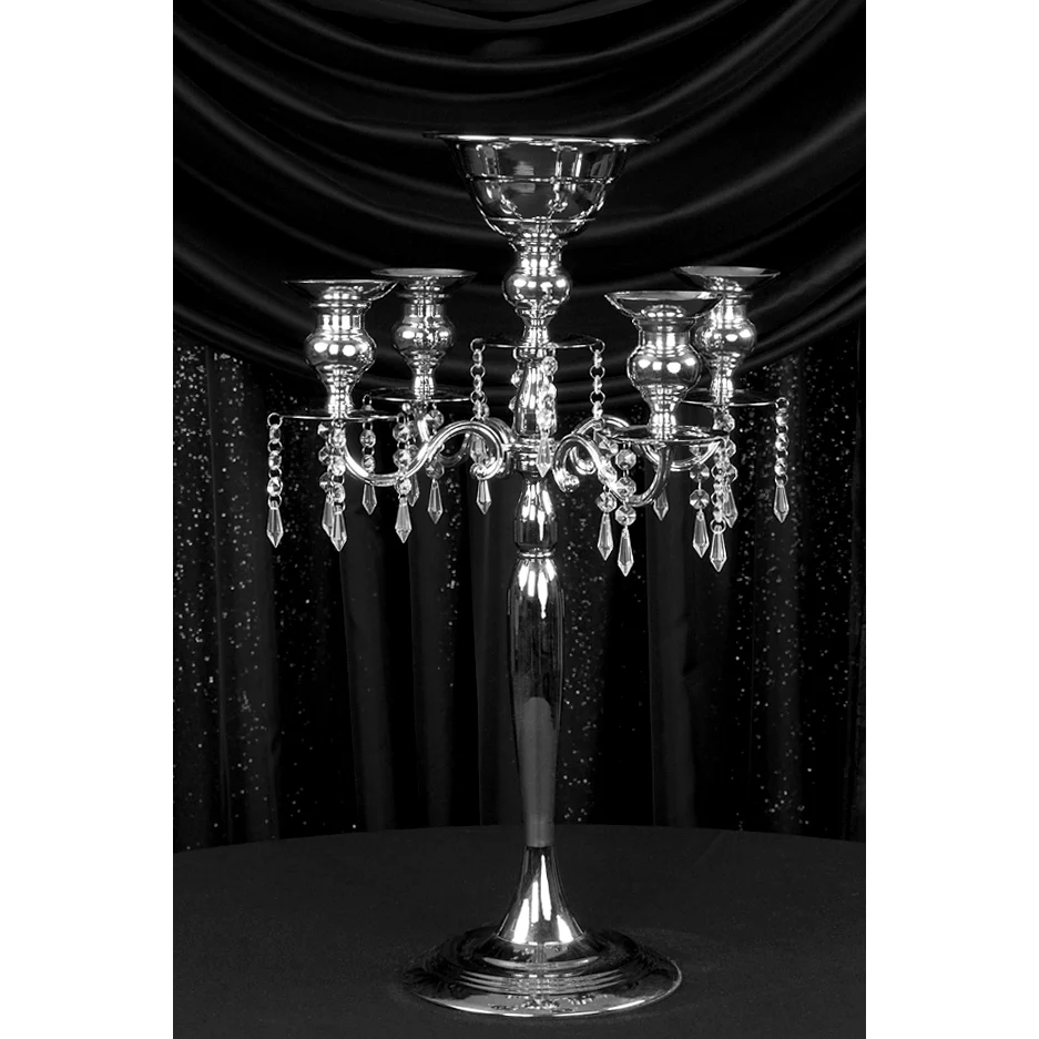 Candelabra Centerpiece with Hanging Crystals - Silver - Image 7
