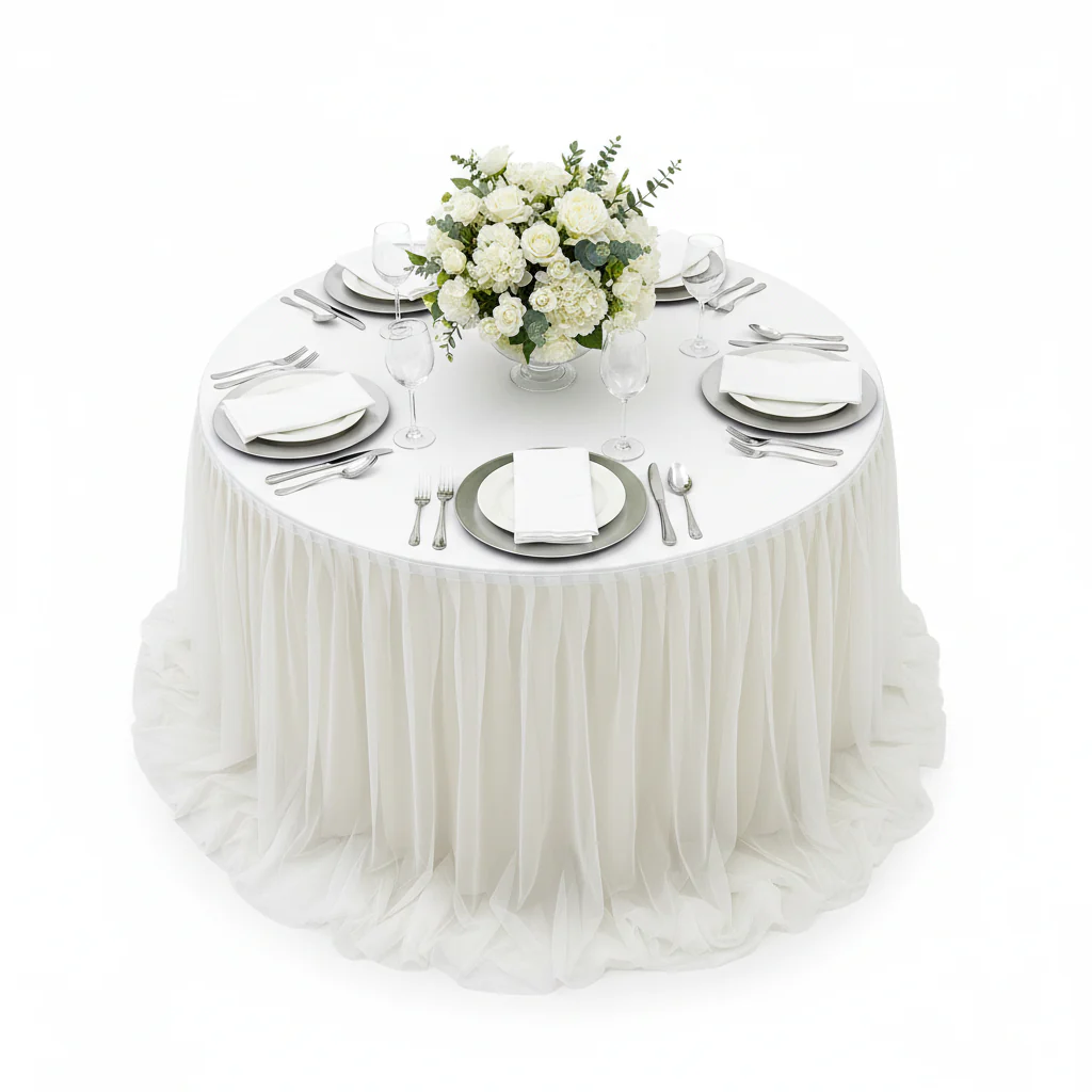 Chiffon Tulle Table Skirt Extra Long 57" x 17ft - Ivory & White - Image 5