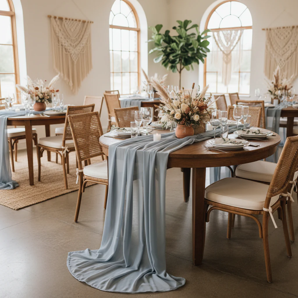 Chiffon Wedding Table Runner 10FT x 27" - Dusty Blue - Image 3