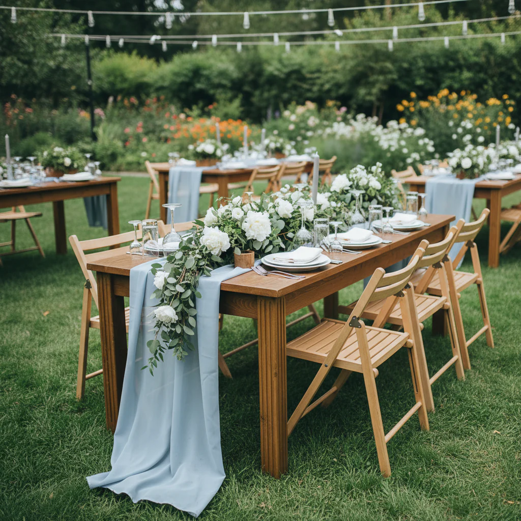 Chiffon Wedding Table Runner 10FT x 27" - Dusty Blue - Image 4
