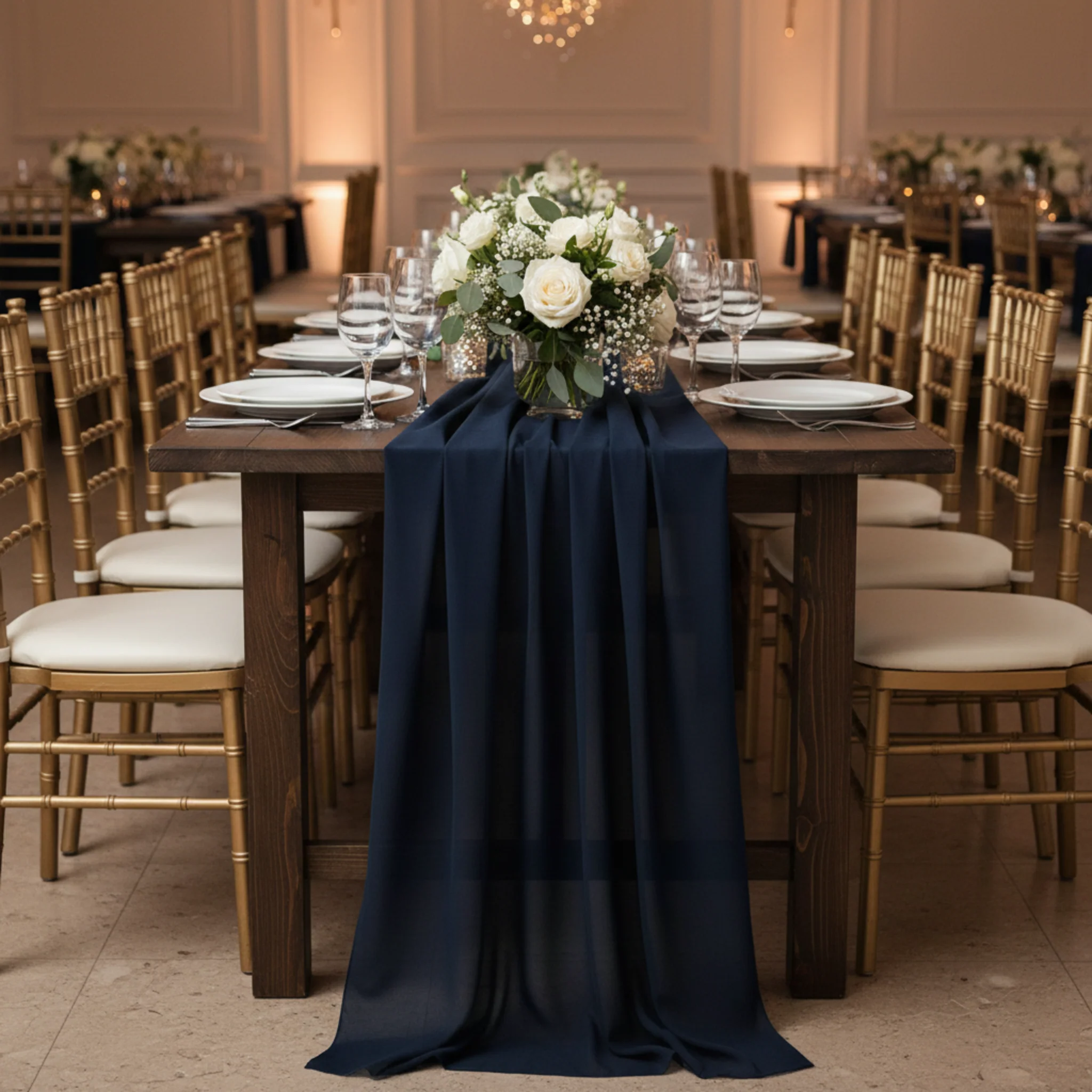 Chiffon Wedding Table Runner 10FT x 27" - Navy Blue - Image 3