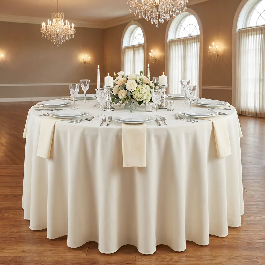 Economy Polyester Tablecloth 120" Round - Light Ivory/Off White - Image 2