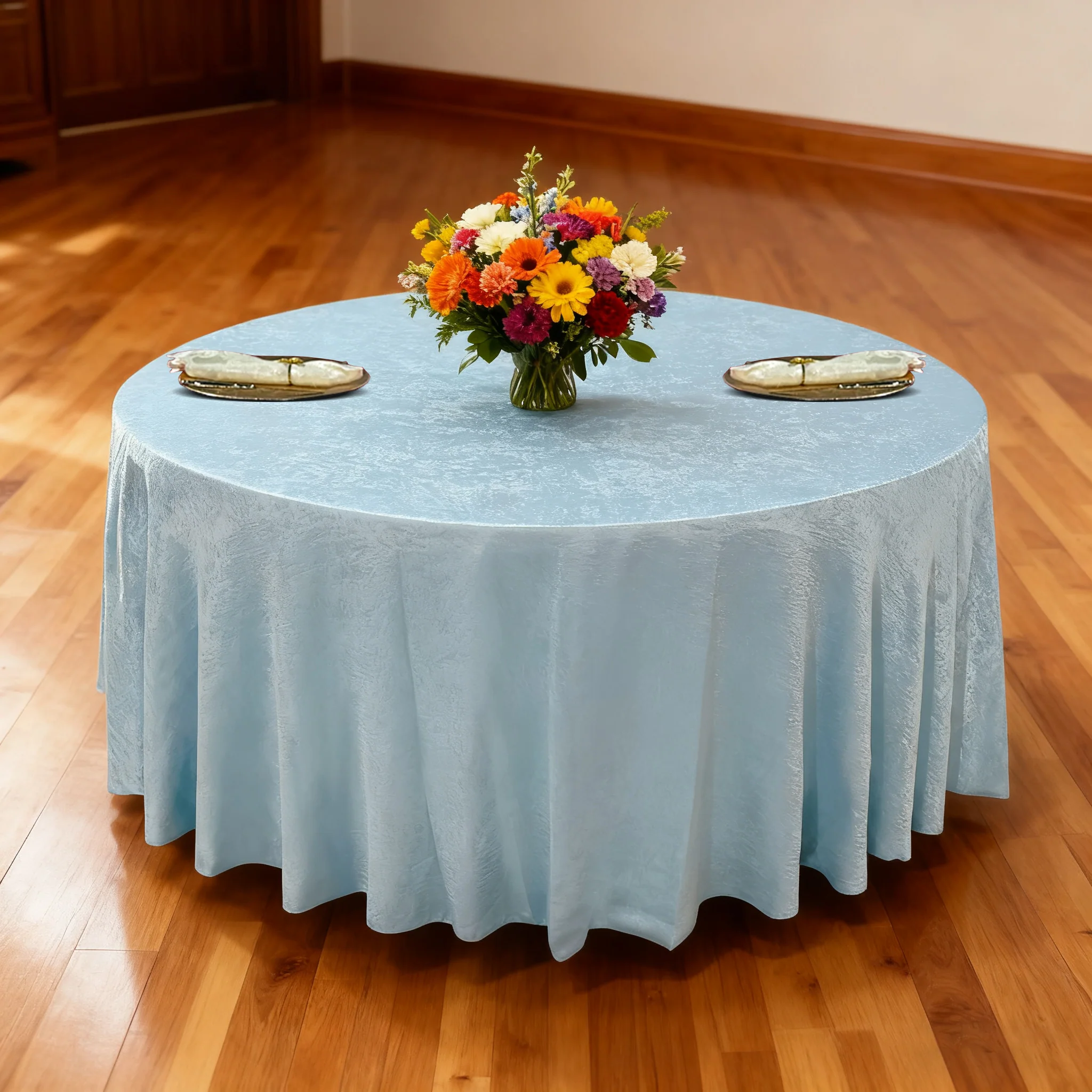 Crinkle Shimmer 120" Round Tablecloth - Baby Blue - Image 2