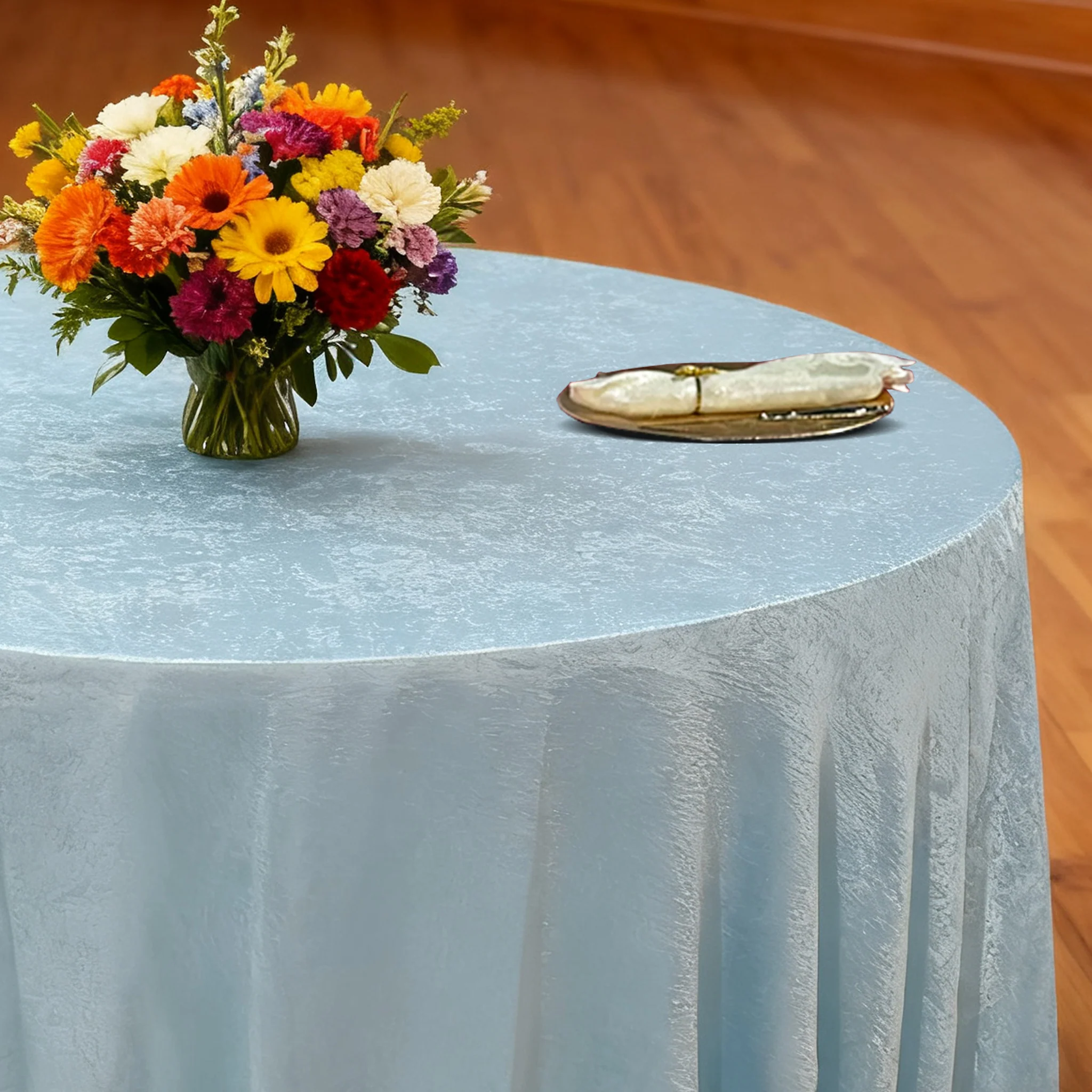 Crinkle Shimmer 120" Round Tablecloth - Baby Blue - Image 3