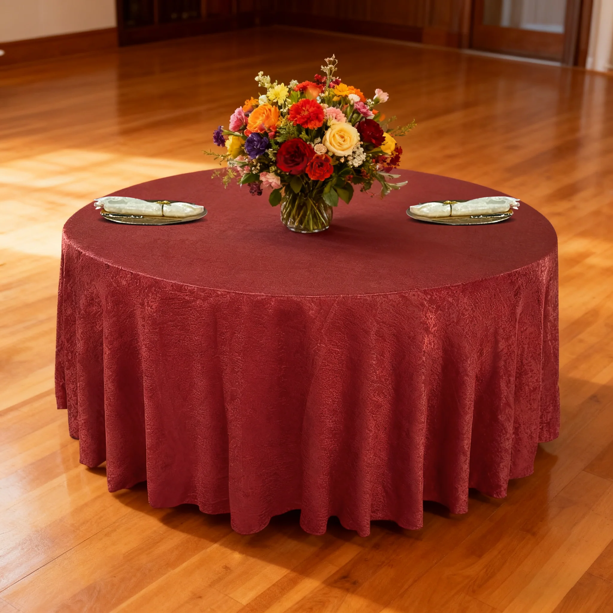 Crinkle Shimmer 120" Round Tablecloth - Burgundy - Image 2