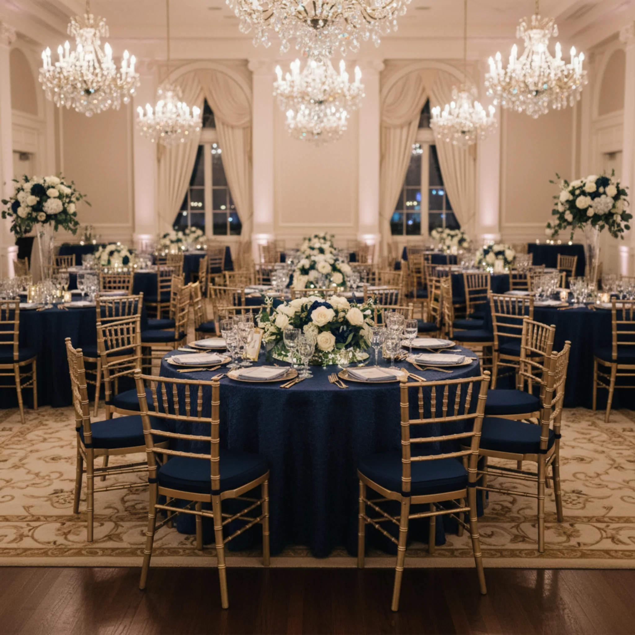 Crinkle Shimmer 120" Round Tablecloth - Navy Blue - Image 5